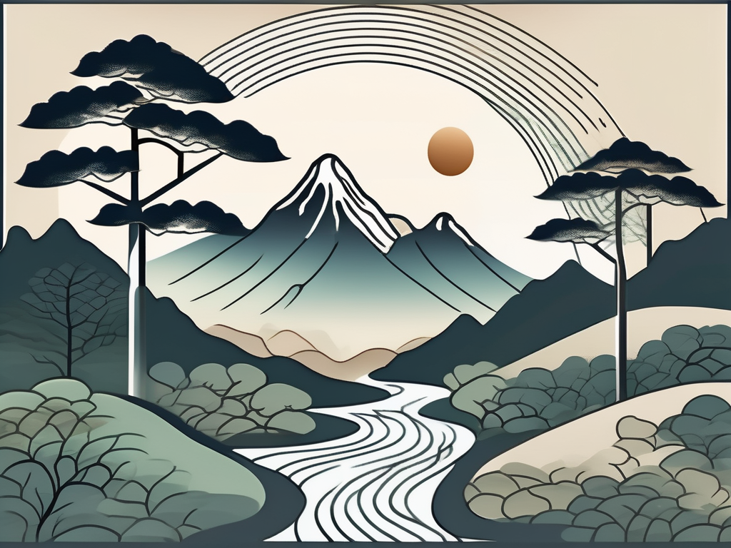 A serene landscape with a winding path leading to a mountain peak