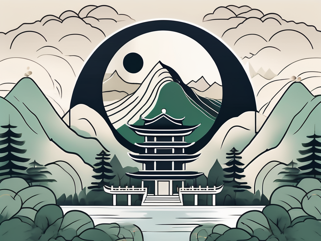 A tranquil landscape with a yin yang symbol floating above a taoist temple
