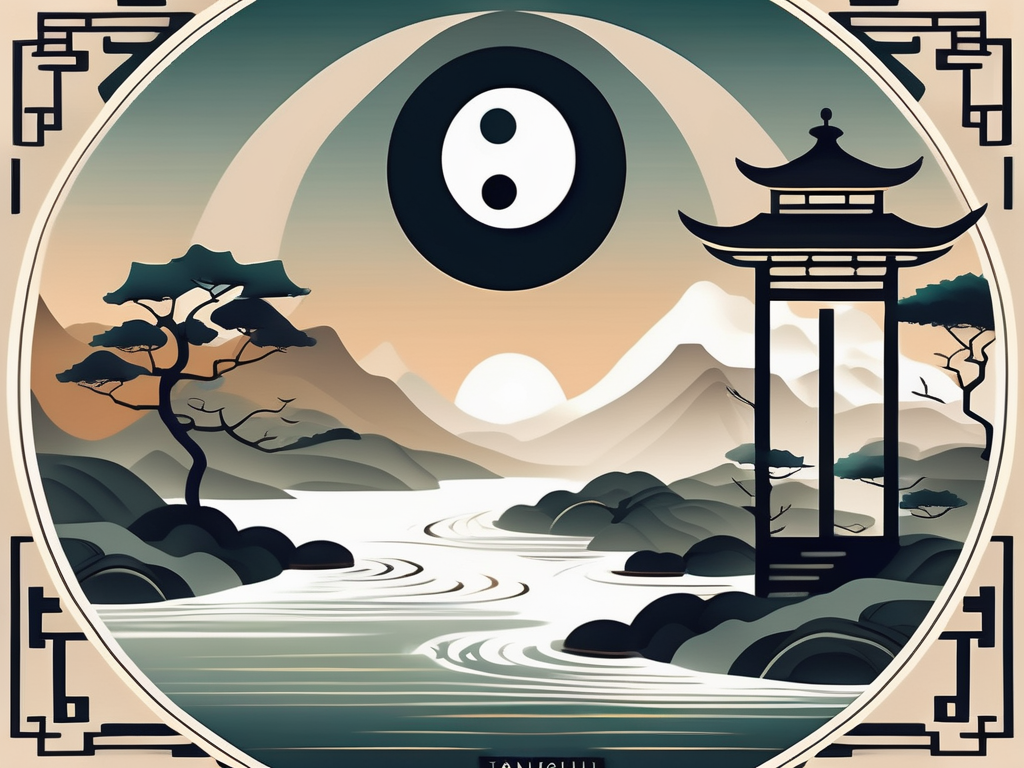 A tranquil landscape with a yin yang symbol over a flowing river