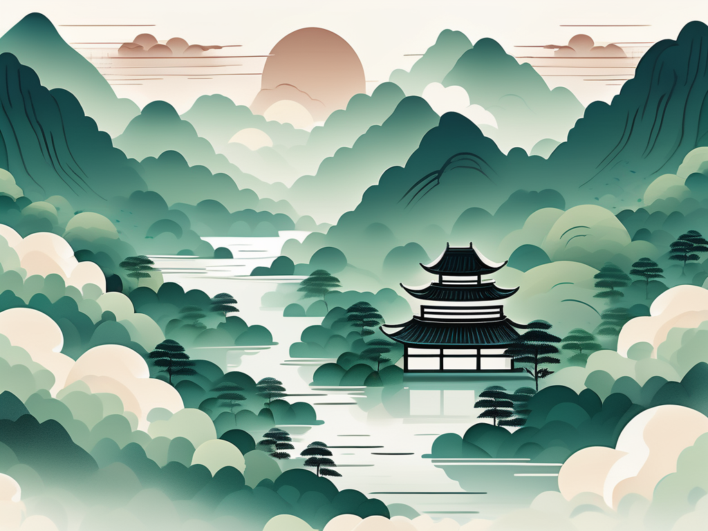 A serene landscape featuring a taoist temple nestled in lush mountains