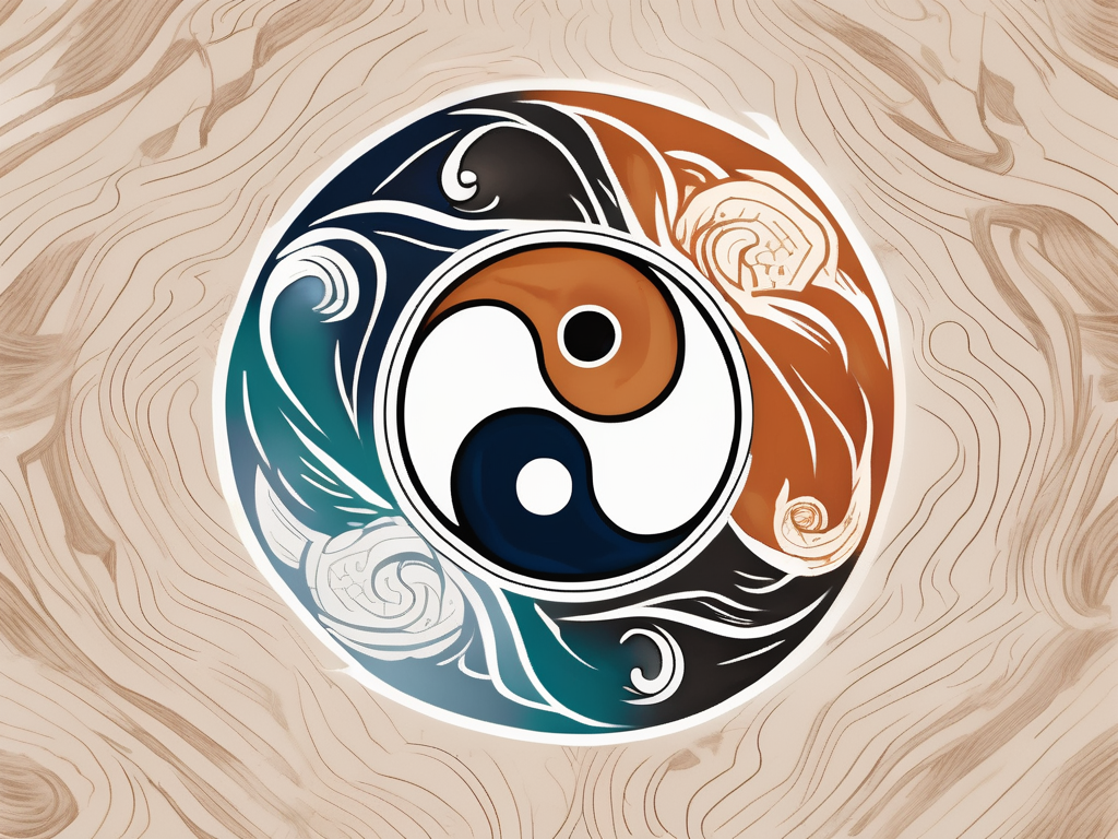 A yin yang symbol intertwined with a stylized representation of the five elements (wood