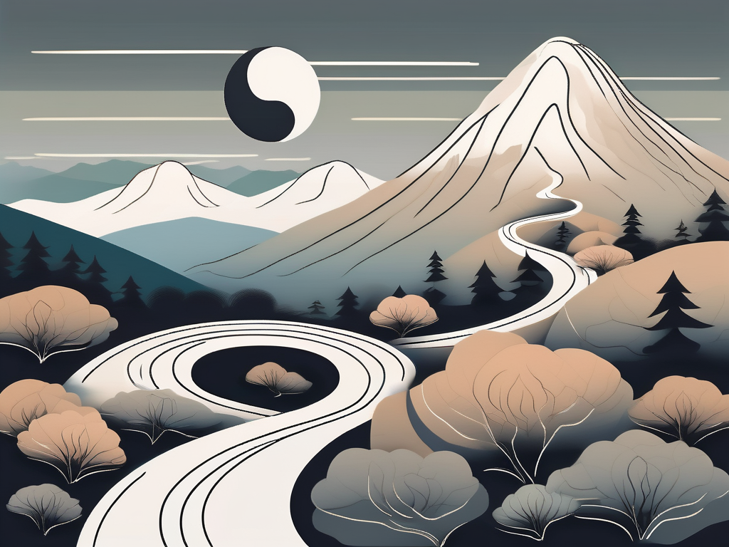 A tranquil landscape with a winding path leading to a mountain peak