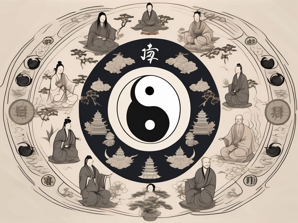 A yin-yang symbol surrounded by multiple taoist deities' symbols