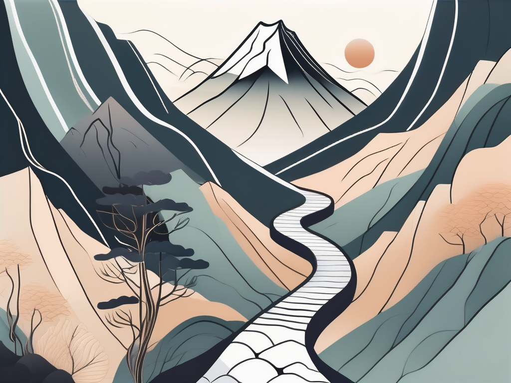 A tranquil landscape with a winding path leading up to a mountain peak