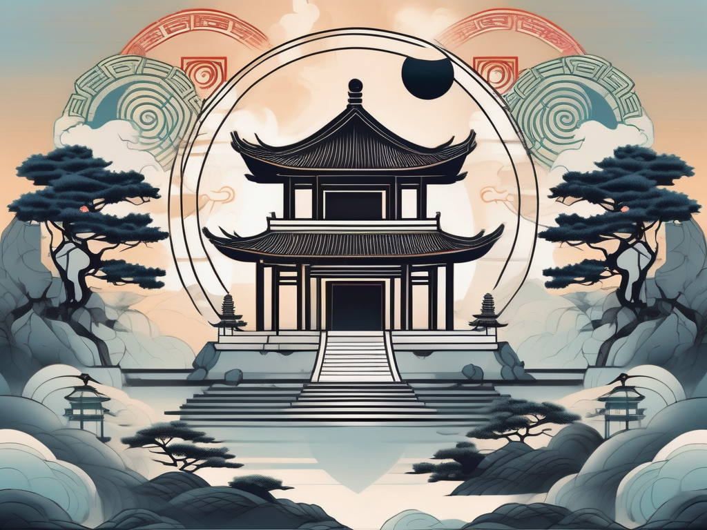 A serene taoist temple set against a mystical sky