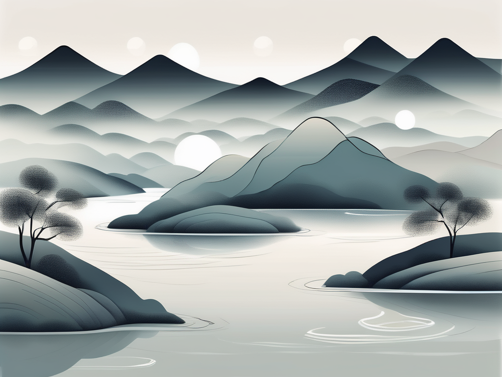A serene landscape with yin yang symbol incorporated subtly into the scene