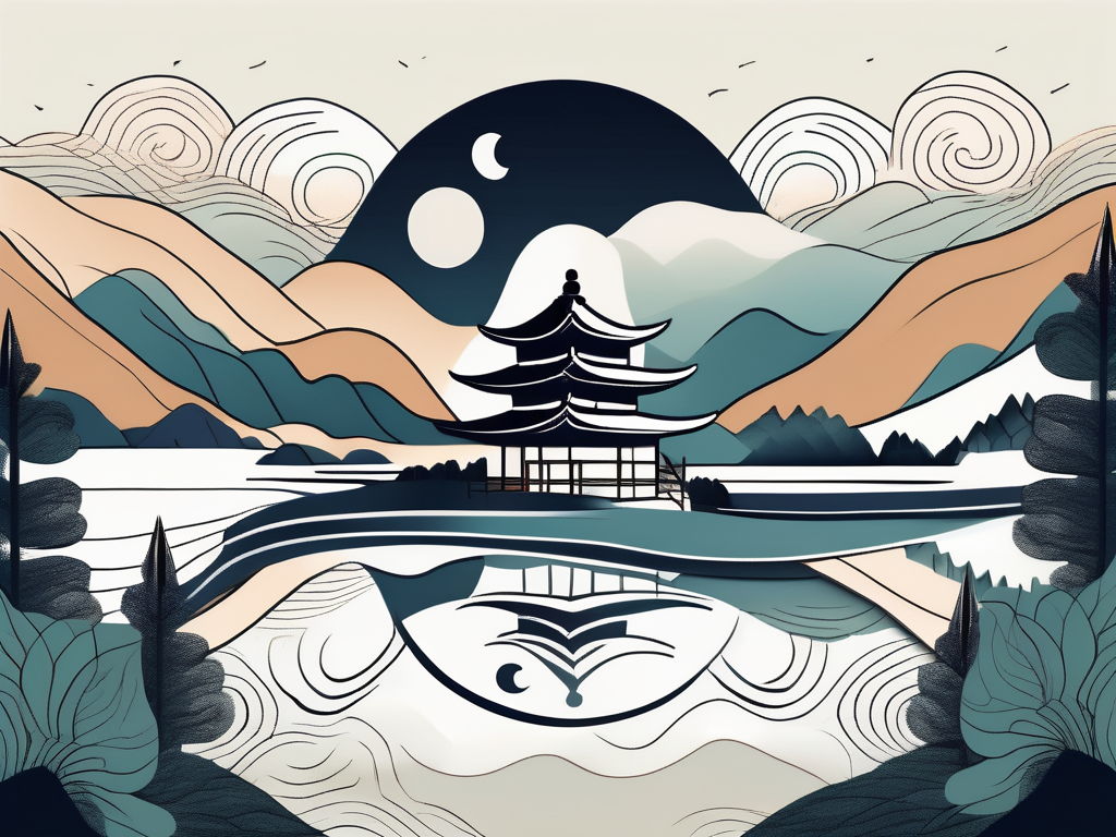 A tranquil landscape with a yin yang symbol in the sky
