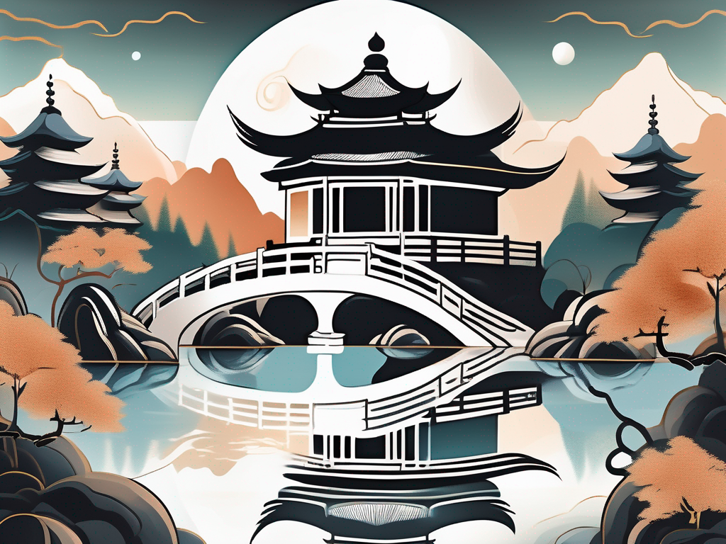 A serene landscape with a balanced yin and yang symbol floating over a taoist temple