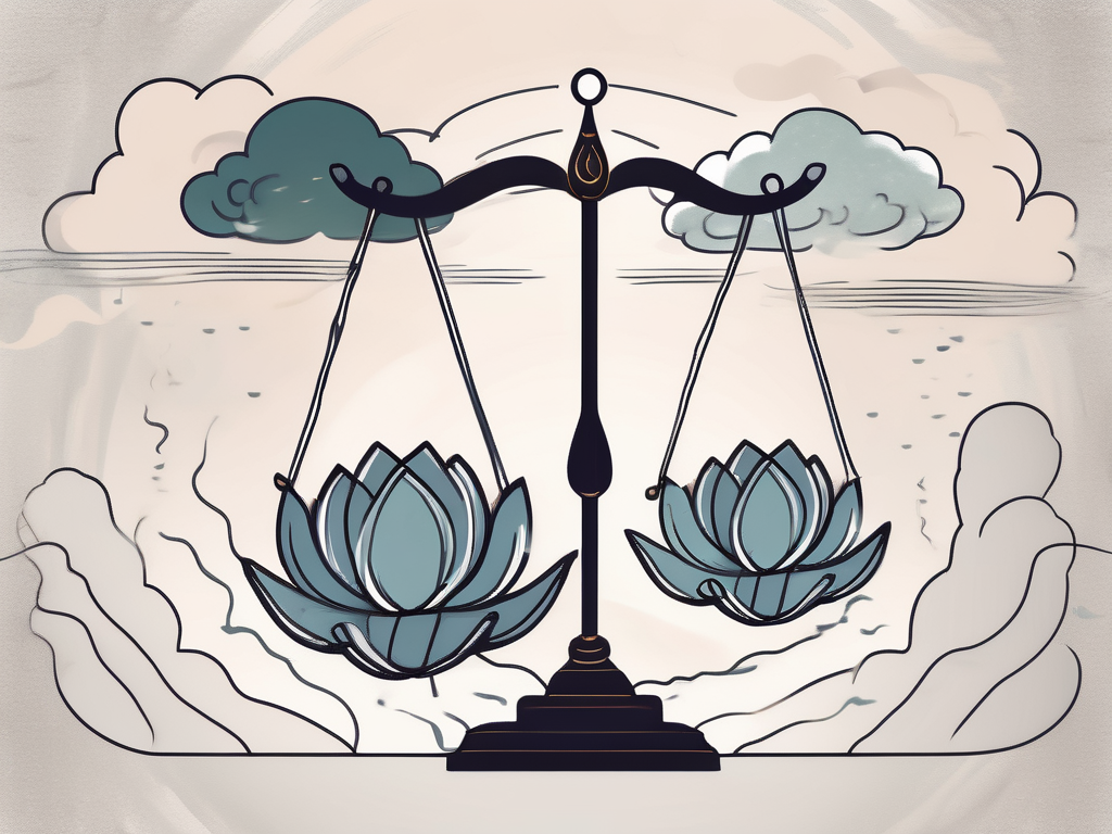 A balanced scale with a lotus flower on one side and a storm cloud on the other