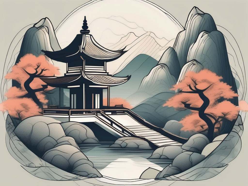 An ancient taoist temple amidst a tranquil mountain landscape