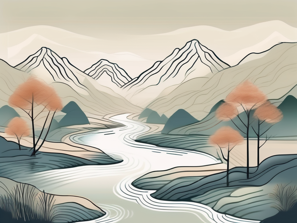 A serene landscape with a river flowing freely through mountains