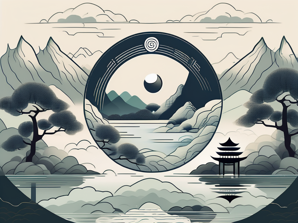 A serene landscape featuring taoist symbols such as yin-yang