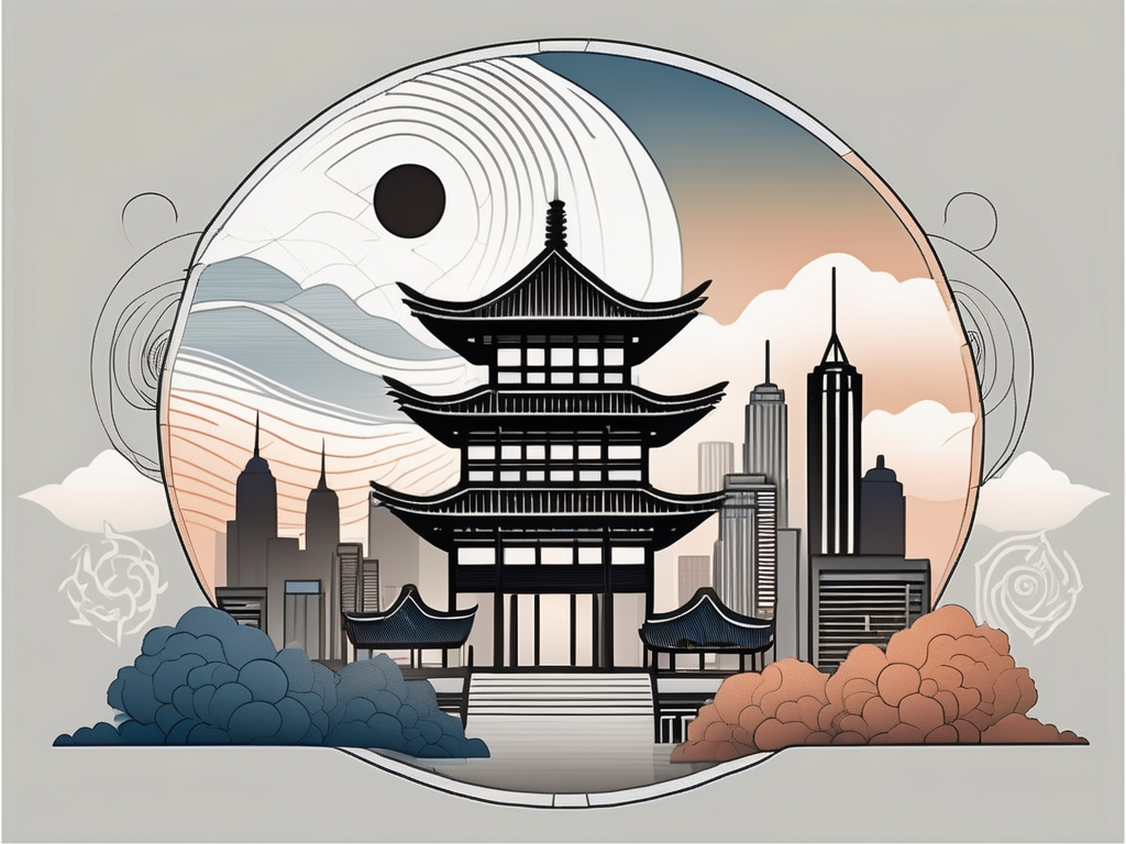 An american city skyline subtly infused with symbols of taoism