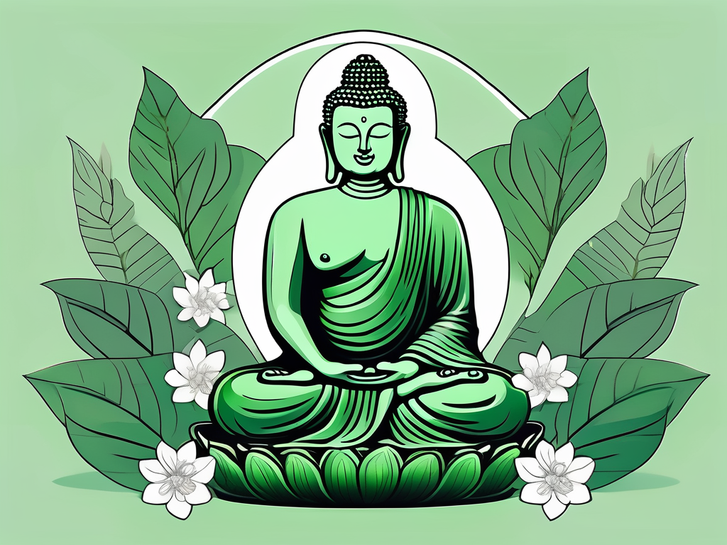 A serene green buddha statue surrounded by natural elements like leaves and flowers
