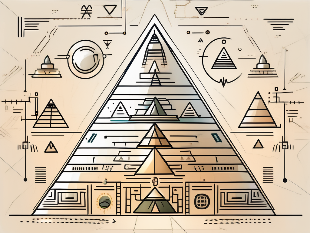 An egyptian pyramid with various digital symbols and icons emanating from it
