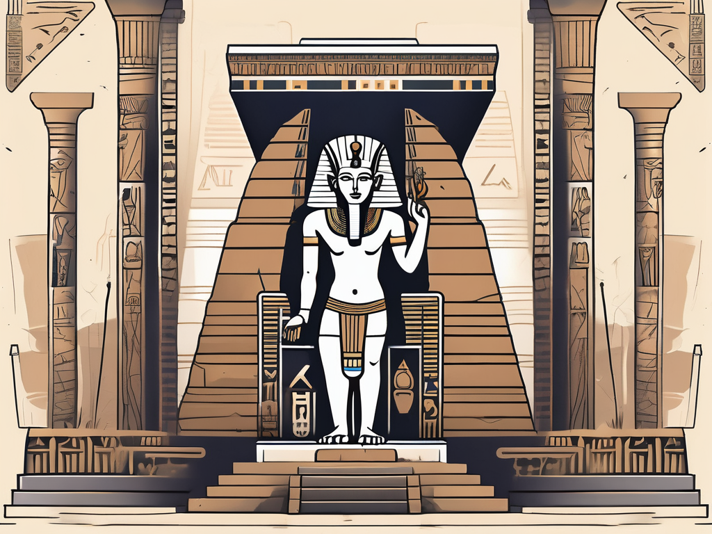 An ancient egyptian temple with a prominent statue of harpocrates