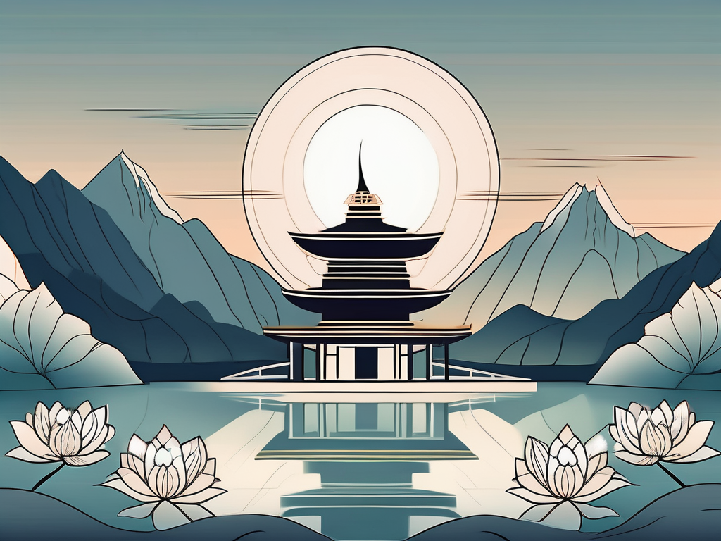 A serene buddhist temple in the mountains with a glowing lotus flower in the foreground