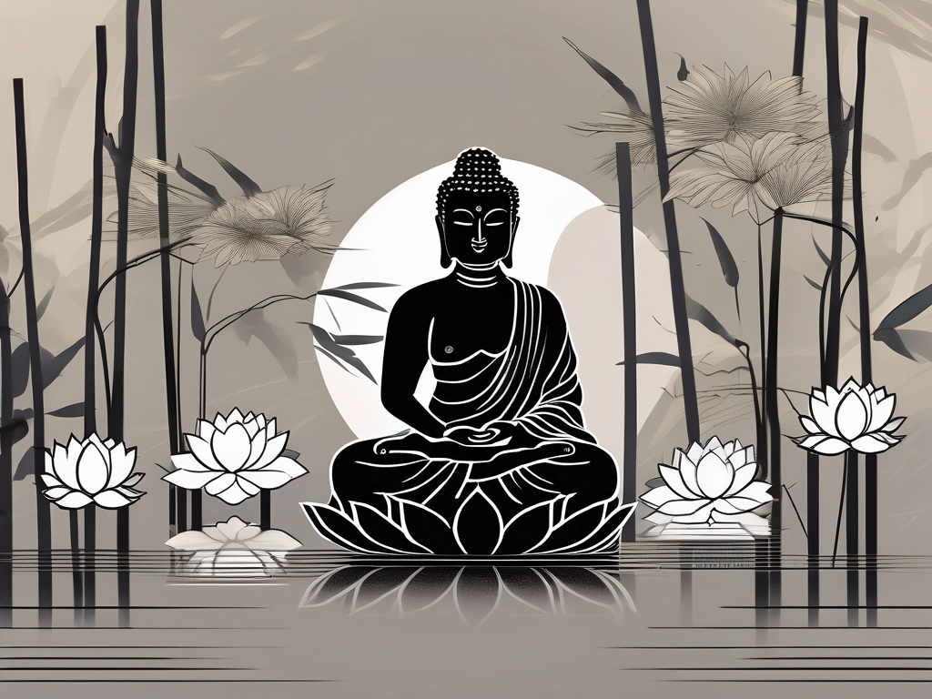 A black buddha statue sitting peacefully amidst a serene
