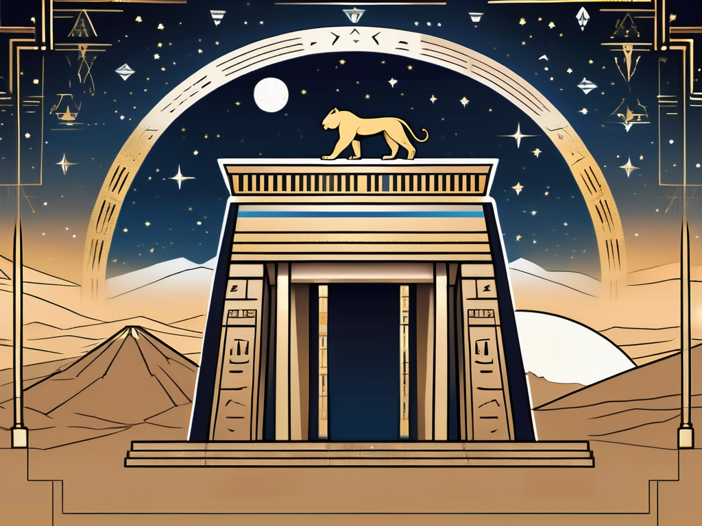 An ancient egyptian temple with the silhouette of a lioness (representing the goddess mehit) against a backdrop of a starry night sky
