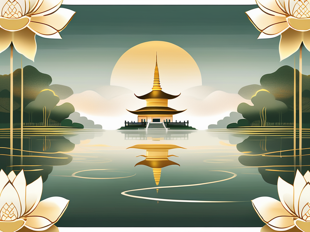 A serene pure land with lotus flowers floating on a tranquil pond