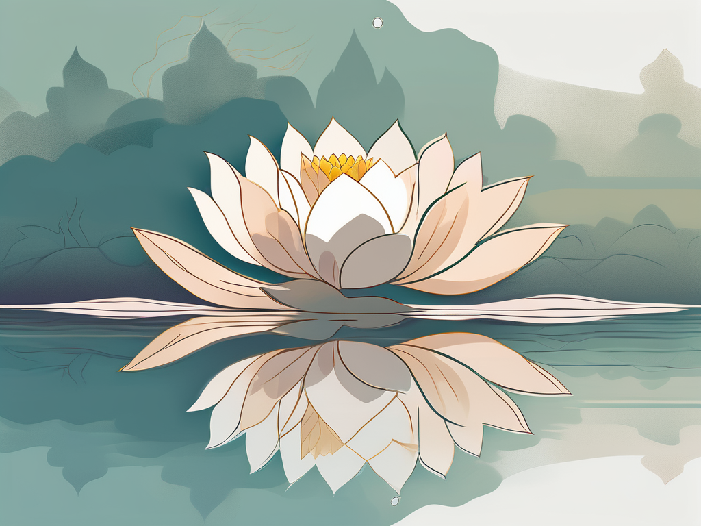 A serene lotus flower floating on a tranquil pond with a faint silhouette of a meditating buddha reflected on the water's surface
