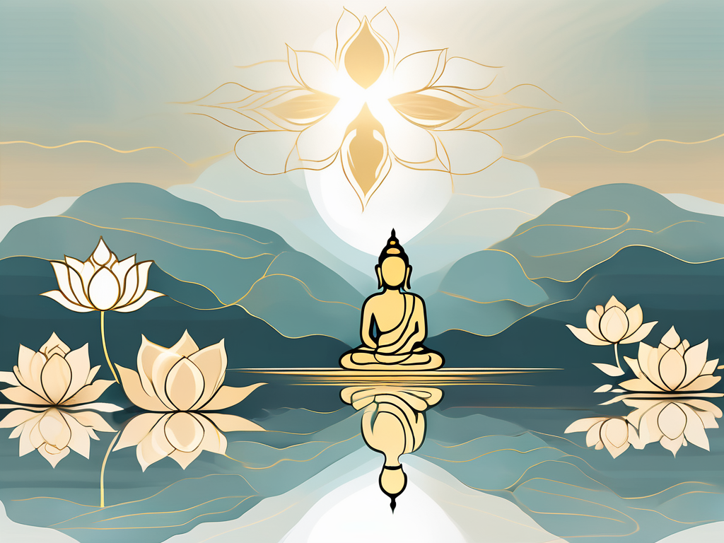 A serene lotus flower resting on calm waters with a golden silhouette of a meditating buddha in the background