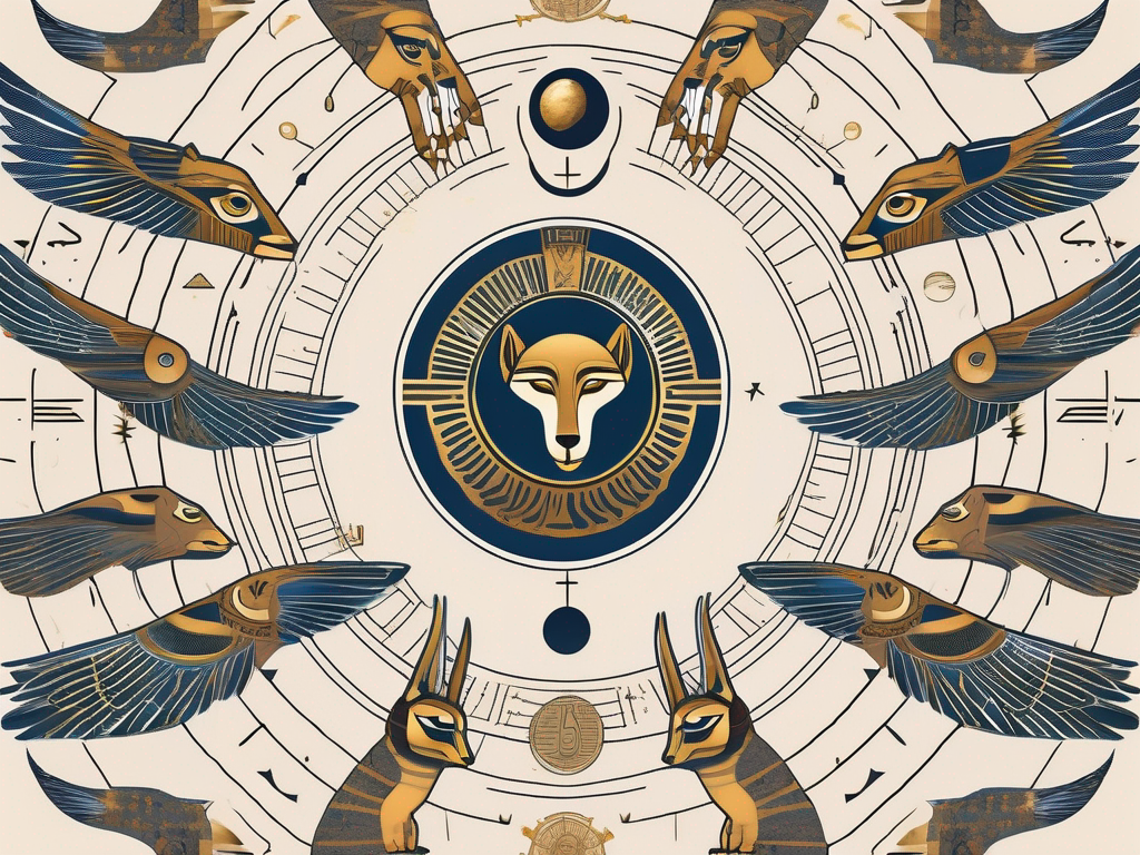 The twelve zodiac symbols intertwined with various egyptian gods' attributes