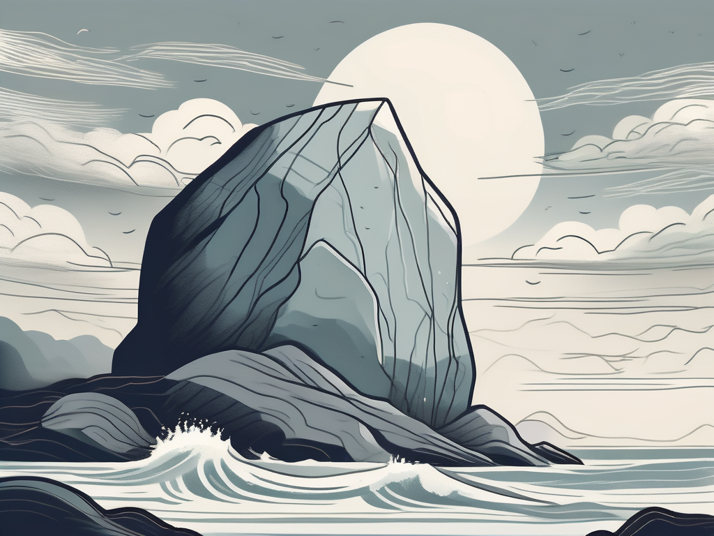 A serene landscape with an immovable rock enduring a powerful storm