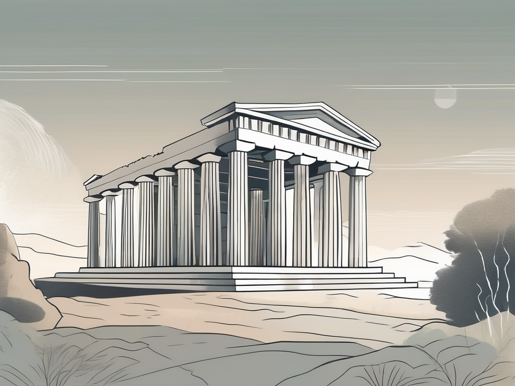 An ancient greek temple with a serene landscape in the background