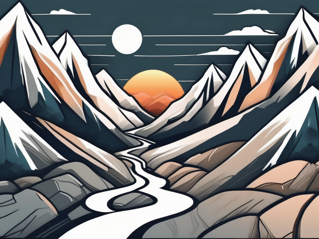 A rocky mountain path leading to a sunrise