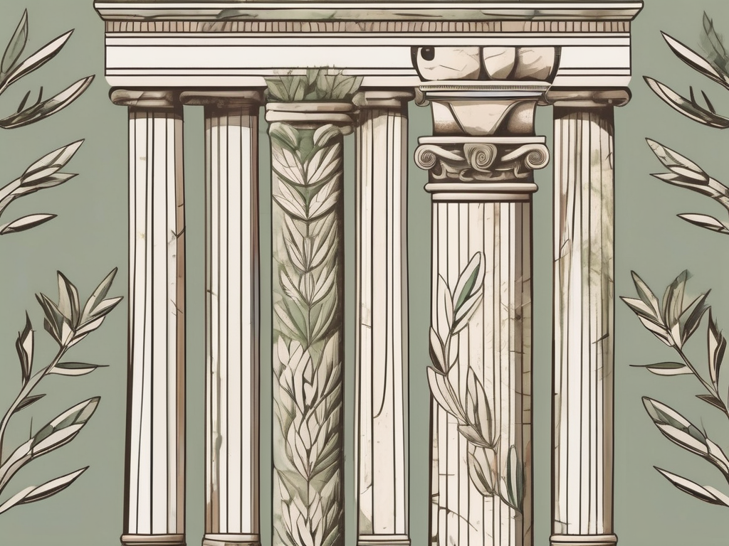 Ancient roman columns surrounded by elements symbolizing tranquility and wisdom