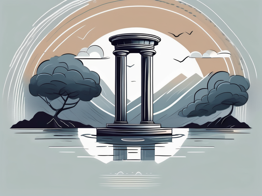 A tranquil landscape with a sturdy stone pillar in the center