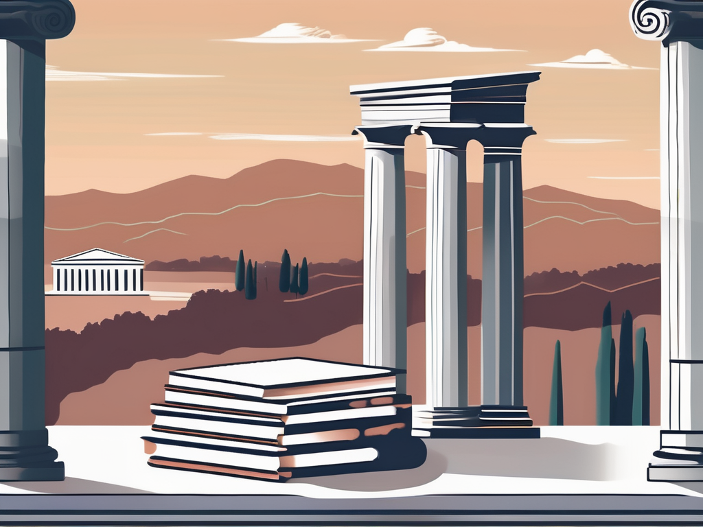 A stack of variously sized and colored books with roman columns and a serene landscape in the background