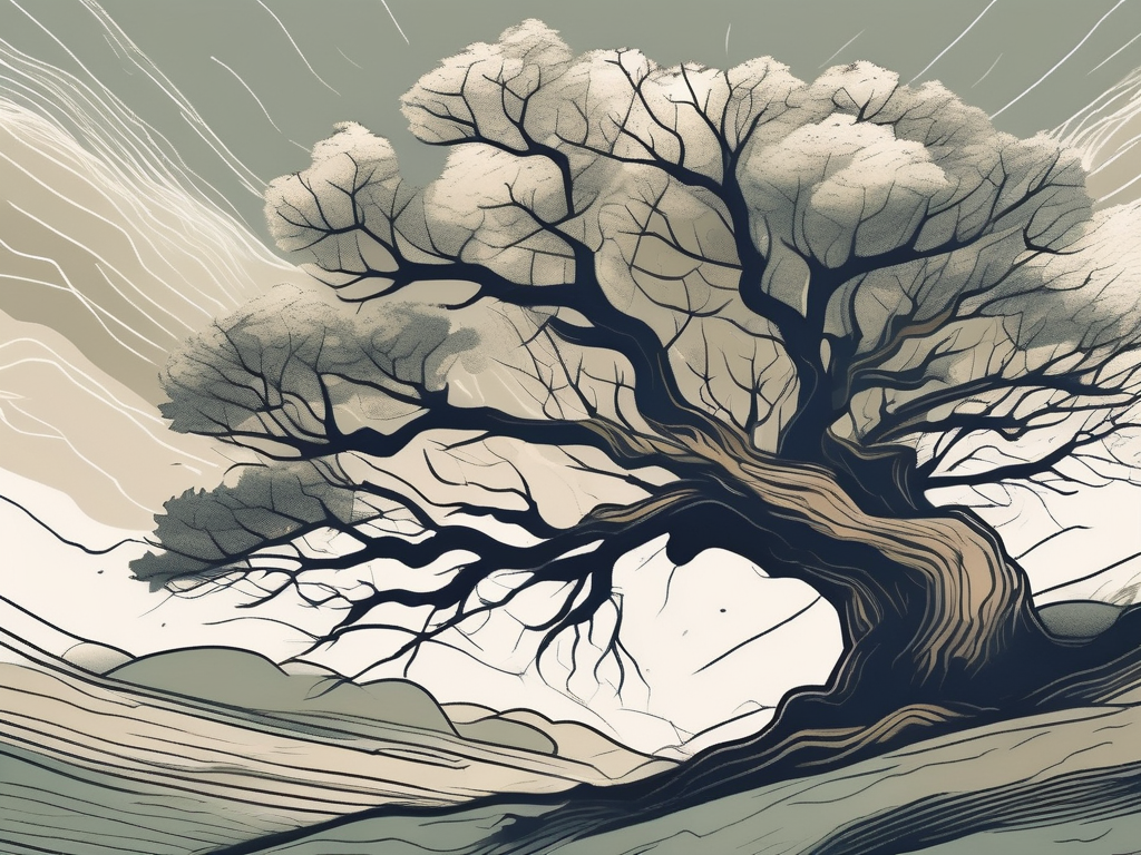 A serene landscape with a sturdy oak tree weathering a storm