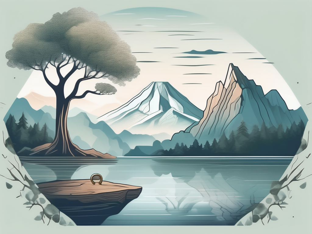 A serene landscape with a key floating in the center