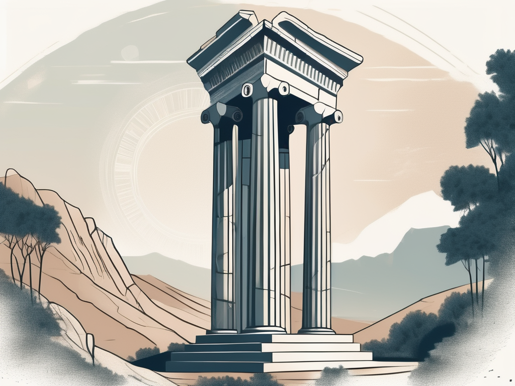 An ancient greek column surrounded by a serene landscape