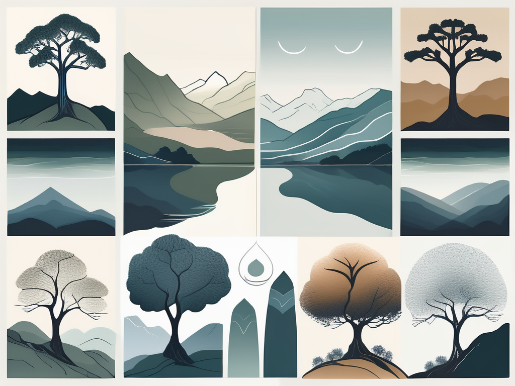 A serene landscape with ten distinct elements