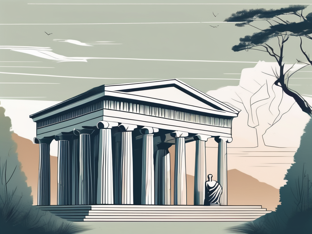 An ancient greek temple with a stoic statue in the foreground