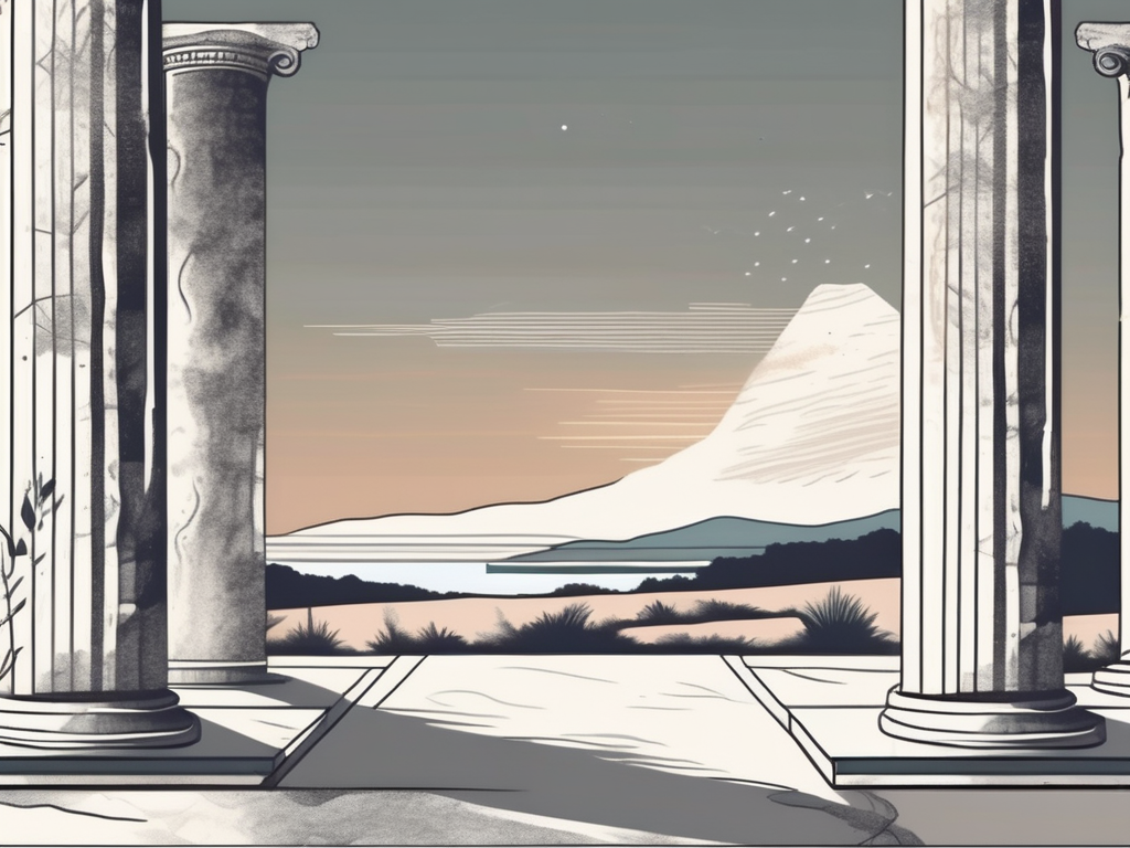 Ancient greek pillars with a serene landscape in the background