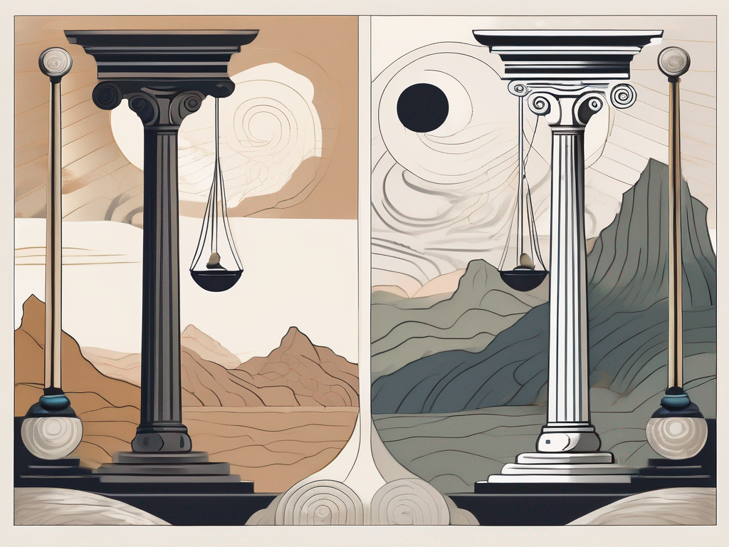 A balanced scale with a greek column (representing stoicism) on one side and a yin-yang symbol (representing taoism) on the other