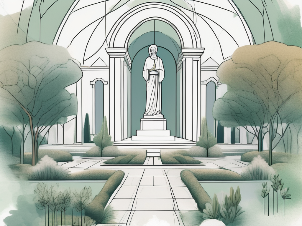 A symbolic intersection featuring elements of stoicism such as a tranquil garden or a stoic statue