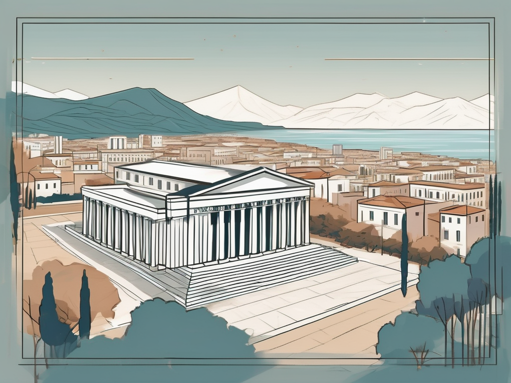 An ancient greek cityscape with a prominent school building