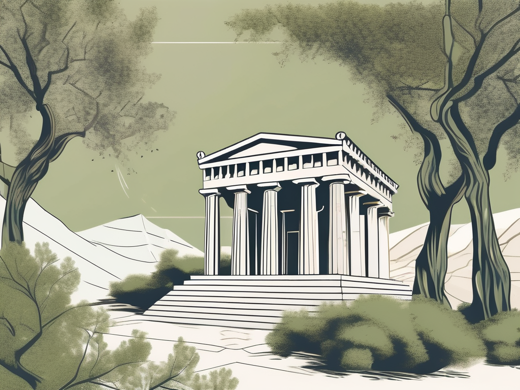 An ancient greek temple surrounded by olive trees