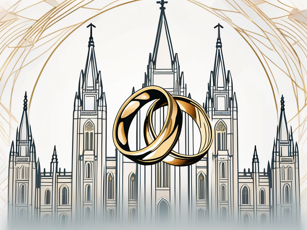 Two gold wedding rings intertwined on a backdrop of the salt lake city temple