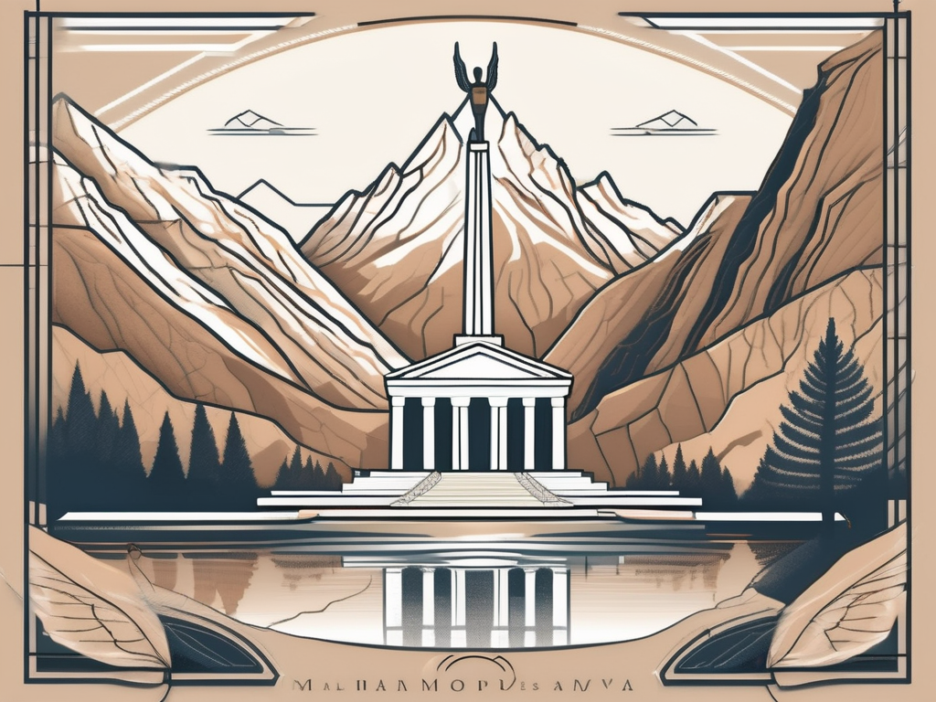 A detailed landscape of a mormon temple with symbolic elements such as the angel moroni statue