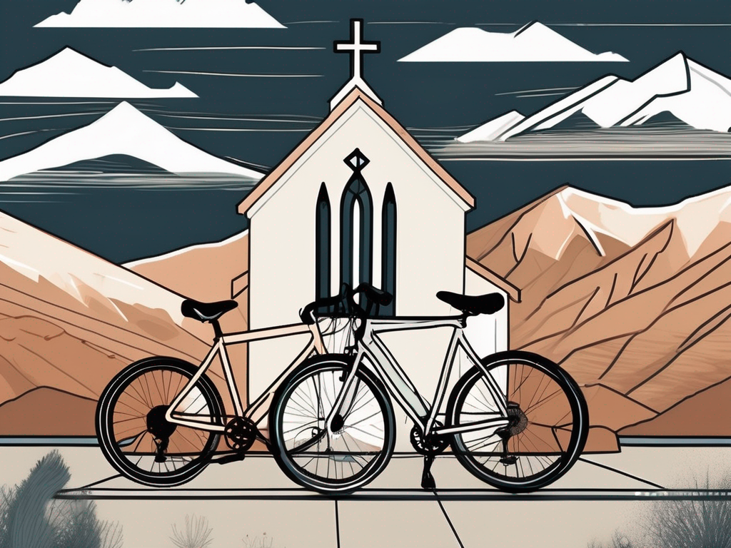A pair of bicycles leaning against a church with a backdrop of utah's mountains
