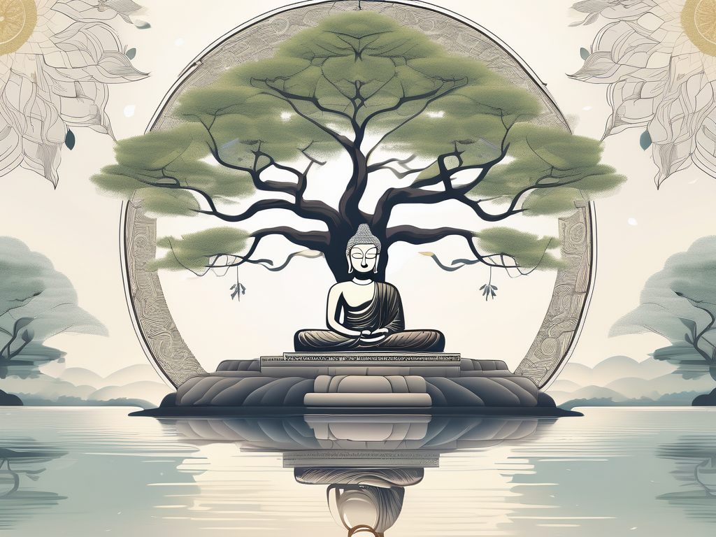 A serene landscape featuring a large bodhi tree (under which buddha achieved enlightenment)