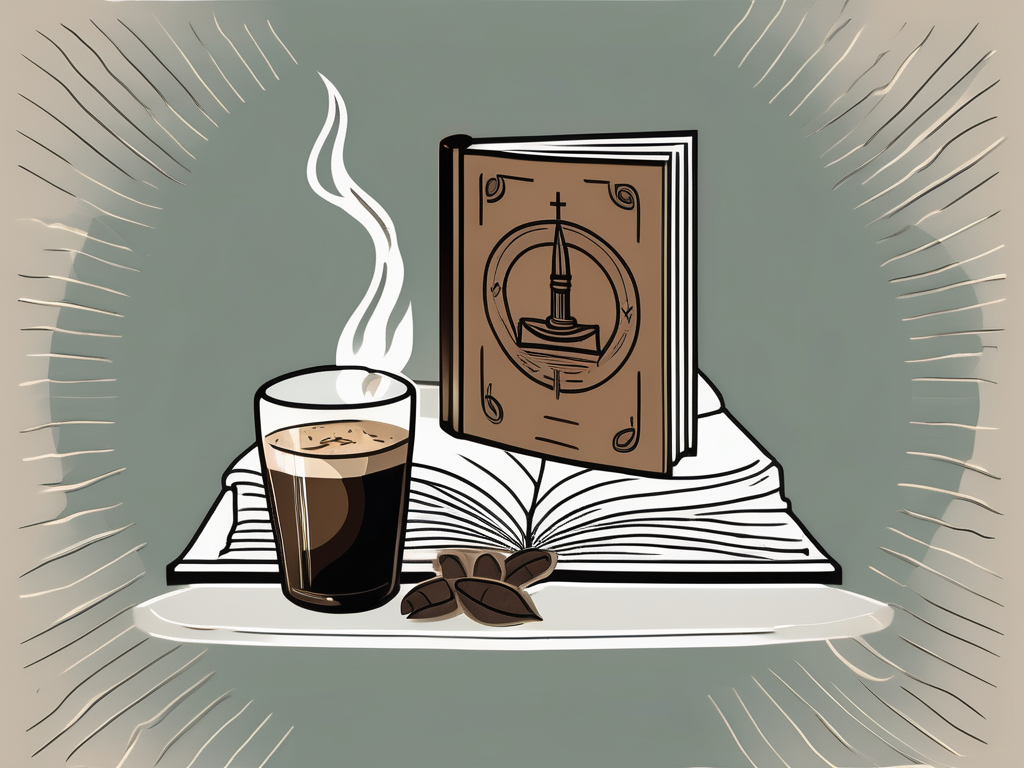 A closed book of mormon beside a symbol of caffeine