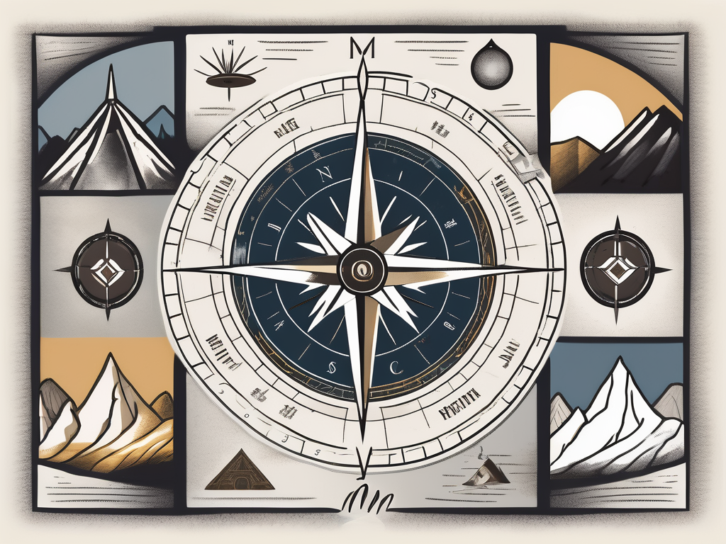 A compass with different aspects of mormonism symbolized around it