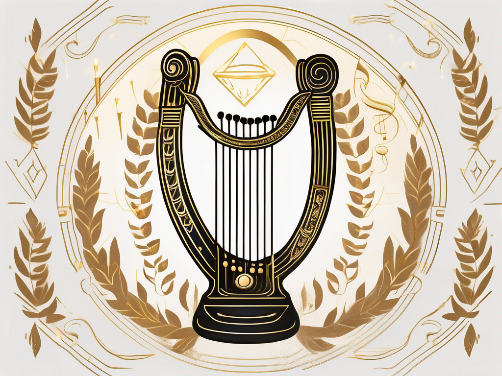 A golden lyre radiating light and surrounded by symbols of prophecy